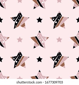 Nahtloses Muster mit stylisierten Sternen auf rosafarbenem Hintergrund. Tapete, Druck, Papier, Verpackung, Textildesign. Vektorillustration.