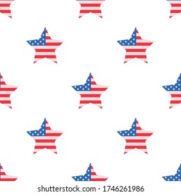 Seamless pattern with stylized stars on a white background. American flag. Red and blue. Wallpaper, print, paper, packaging, textile design. Vector illustration.