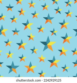 Seamless pattern with stylized stars on blue background. Yellow, orange, blue colors. Wrapping paper, print, textile, fabric.