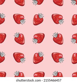 Patrón sin foco con fresas estilizadas sobre un fondo rosado. Berry roja. Papel tapiz, papel impreso, papel envolvente. Ilustración vectorial.