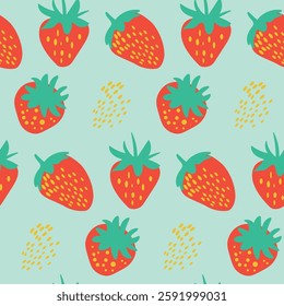 Seamless Pattern of Stylized Strawberries on a Light Blue Background. Vivid and creative pattern featuring cartoon strawberries against a pastel teal background, ideal for designs with a playful 