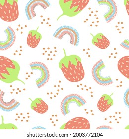 seamless pattern of stylized strawberries and rainbow polka dots with blue lilac and pink and beige stripes on a white background. childrens patern in pastel colors