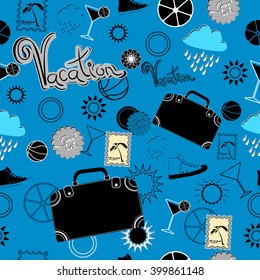 Seamless pattern with stylized suitcase with decorative elements and  lettering "vacation".