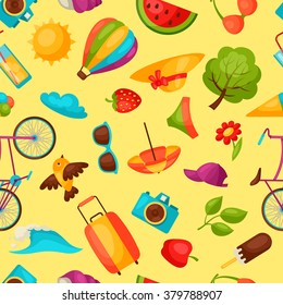 Seamless pattern with stylized summer objects. Background made without clipping mask. Easy to use for backdrop, textile, wrapping paper.