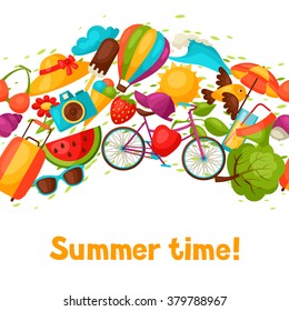 Seamless pattern with stylized summer objects. Background made without clipping mask. Easy to use for backdrop, textile, wrapping paper.