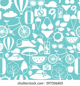 Seamless pattern with stylized summer objects. Background made without clipping mask. Easy to use for backdrop, textile, wrapping paper.