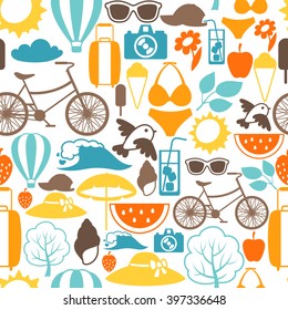 Seamless pattern with stylized summer objects. Background made without clipping mask. Easy to use for backdrop, textile, wrapping paper.