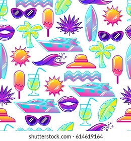 Seamless pattern with stylized summer objects. Abstract illustration in vibrant color.