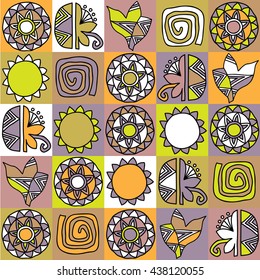 Seamless pattern with stylized sunflowers and tulips on a background of colored cells.
