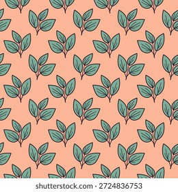 Nahtloses Muster aus stilisierten Teeblättern auf pfirsichem Hintergrund.  Perfekt für textile Designs, Tapeten oder Branding-Projekte, die einen Hauch von organischer Eleganz benötigen.
