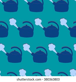 Seamless pattern with stylized textured patchwork applique teapots. Blue background.