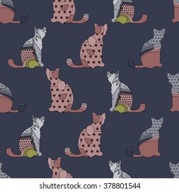 Seamless pattern with stylized textured siluettes of cats