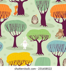 Seamless pattern with stylized trees and animals.