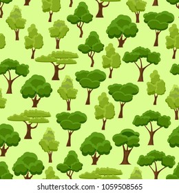 Seamless pattern with stylized trees. Cartoon garden green tree. Nature forest and park. Spring or summer trees. Vector illustration
