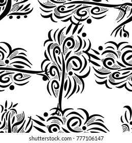 Seamless pattern from stylized trees, monochrome