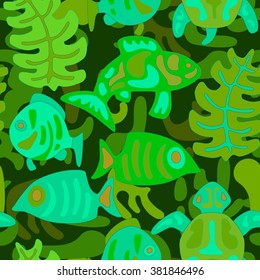 seamless pattern with stylized tribal aquatic animals and plants in cold colors