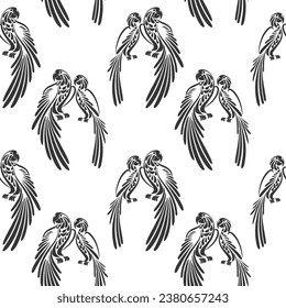 Seamless pattern, stylized tropical birds parrots on a white background. Black and white print, background, textile. Vector