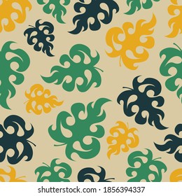 Seamless pattern with stylized tropical leaves. Vector illustration for festive design, packaging, wallpaper, fabric, textile, stationery, accessories.