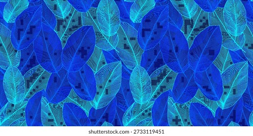 Un patrón sin fisuras de hojas tropicales estilizadas en azul neón. Este diseño atrevido y vibrante con un toque retro pop art es perfecto para crear fondos energéticos.