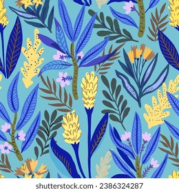 Seamless pattern with stylized tropical plants and flowers. Vector illustration.