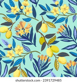 Seamless pattern with stylized tropical plants and flowers. Vector illustration.