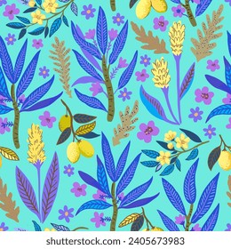 Seamless pattern with stylized tropical plants and flowers. Vector illustration