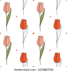 Patrón transparente con tulipanes estilizados sobre un fondo blanco. Tulipán de primavera. Impresión, papel pintado, diseño textil moderno, papel de envolver. Ilustración vectorial.