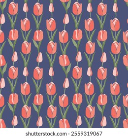 Seamless pattern with stylized tulips on a future dusk background. Spring tulip. Print, wallpaper, modern textile design, wrapping paper. Vector illustration hand drawn minimalistic tulips.