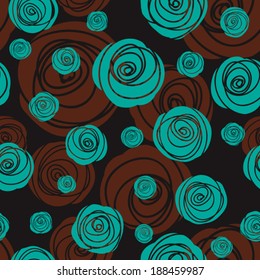 Seamless pattern of stylized turquoise and chocolate brown roses on dark brown background