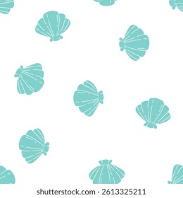 Seamless pattern with stylized turquoise seashells in flat hand-drawn vector style, isolated on white background. Perfect for coastal and beach designs.