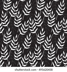 Seamless pattern with stylized twigs and leaves in white and gray colors on black background. Hand drawn vector illustration.