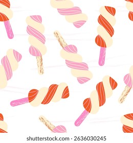 Seamless pattern with stylized twisted ice cream popsicles on a white background. Summer dessert flat vector illustration