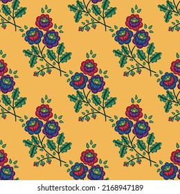 Seamless pattern with stylized ukrainian folk floral elements on orange background. Ethnic ornament based on national embroidery tradition. Can be used for decoration, packaging and paper print design