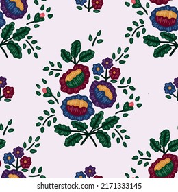 Seamless pattern with stylized ukrainian folk floral elements on light background. Ethnic ornament based on national embroidery tradition. Can be used for decoration, surface and paper print design