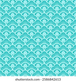 Seamless pattern of stylized vintage-inspired ornamental motif featuring a repetitive floral and fan-like pattern in cool blue tones. Perfect for textiles, wallpapers, stationery, and digital backgrou