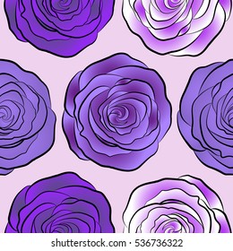 Seamless pattern of stylized violet, white and purple roses.