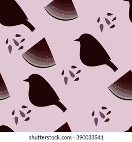 Seamless pattern with stylized watermelon, silhouette of bird and seeds. Good for fabric.