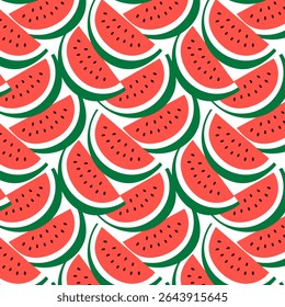 Padrão contínuo de fatias de melancia estilizadas em formas de meia-lua. Fundo de verão divertido e suculento perfeito para têxteis, embrulho ou design de embalagem.