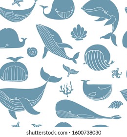 Seamless pattern of stylized whales in different poses drawn by hand on a white background. blue whale, sperm whale starfish shell algae. childish character illustration Vector stock illustration