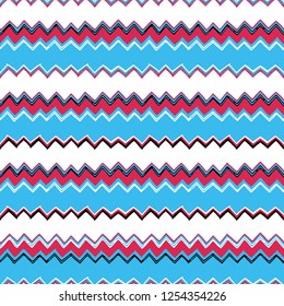 Seamless pattern of the stylized white, black and red chevrons on a blue background. Broken lines and waves. Vector illustration.