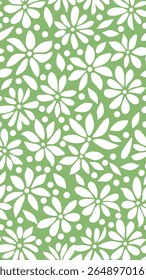 A seamless pattern of stylized white daisies and dots on a soft green background. This cheerful floral design evokes a sense of nature and simplicity, perfect for various decorative uses.
