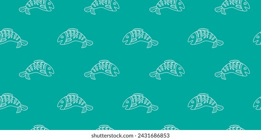 Seamless Pattern of Stylized White Fish on a Teal Background for Textile Design