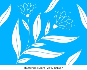Seamless pattern of stylized white flowers and leaves on a bright blue background. A cheerful and modern design perfect for various applications.
