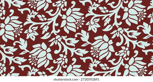 Un patrón sin fisuras de flores blancas estilizadas y enredaderas arremolinadas sobre un fondo marrón profundo, creando un diseño textil clásico y elegante.
