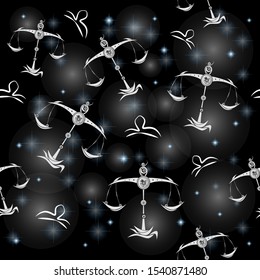 Seamless pattern. Stylized white libra and stars on black background. Vector illustration