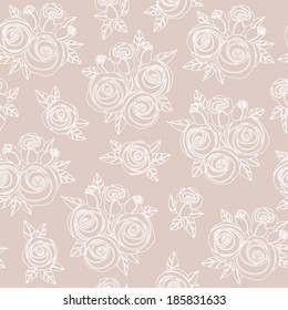 Seamless pattern with stylized white outline roses on a light beige with a red tone background 