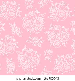 Seamless pattern with stylized white outline roses on pink background 