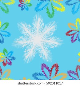 Seamless pattern with stylized white and rainbow snowflakes on blue background