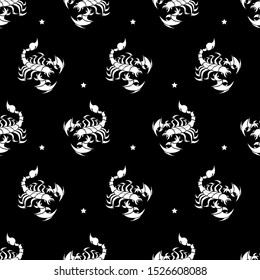 Seamless pattern. Stylized white scorpions and stars on black background. Vector illustration