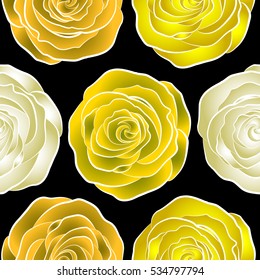 Seamless pattern of stylized white, yellow and neutral roses.